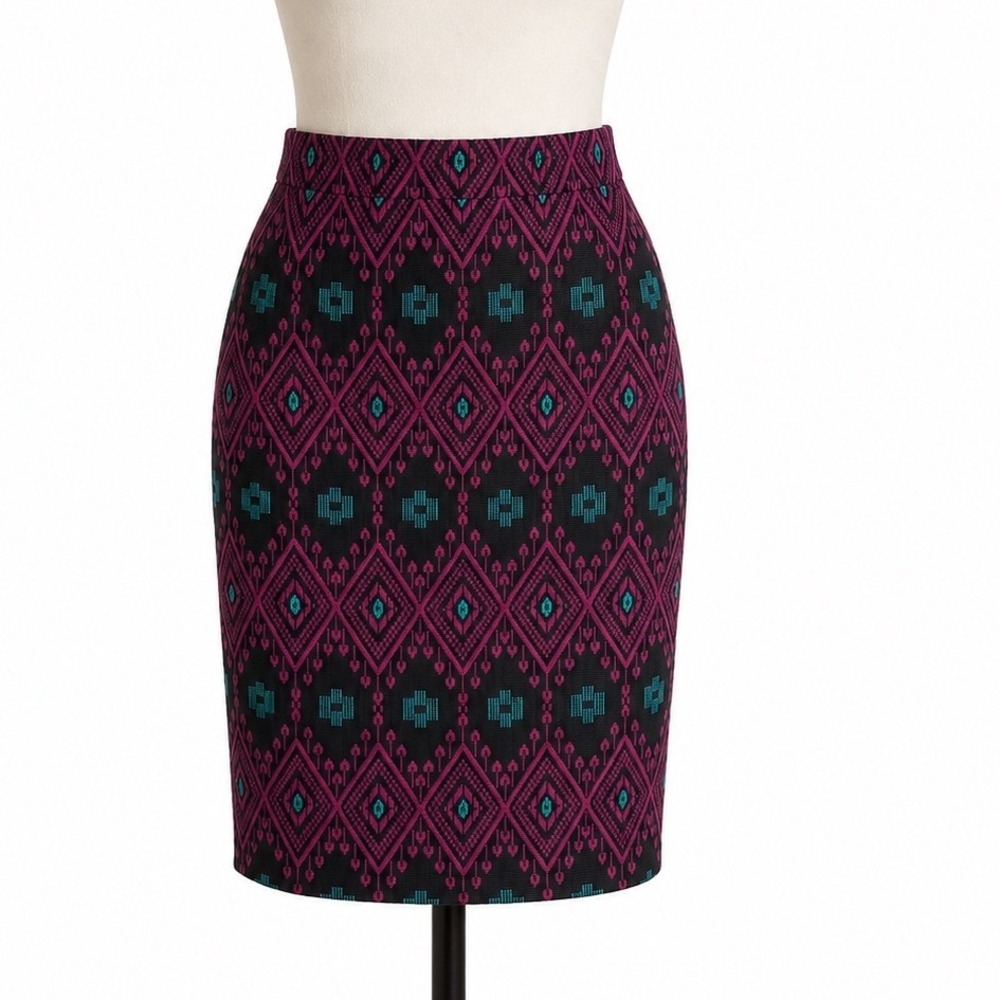 Ann Taylor Geometric Ikat Jacquard Pencil Skirt Pink Teal Black Size 10